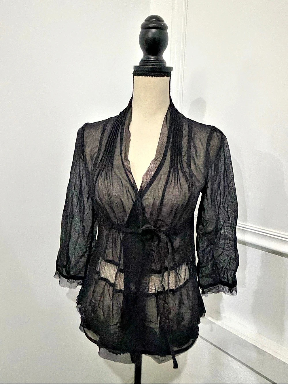 Free People Sheer Lace Trim Blouse in Black